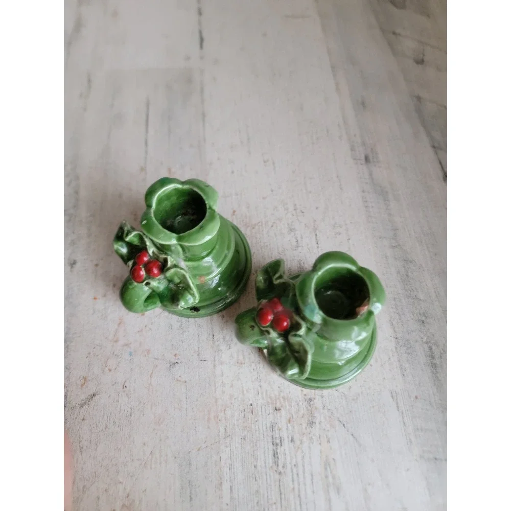 Ceramic mistletoe Holly candle stick green ceramic Xmas set home decor